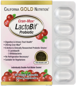California Gold Nutrition LactoBif Cran-Max Пробіотики з журавлиною 25 млрд КУО 30 рослинних капсул 1043996 фото