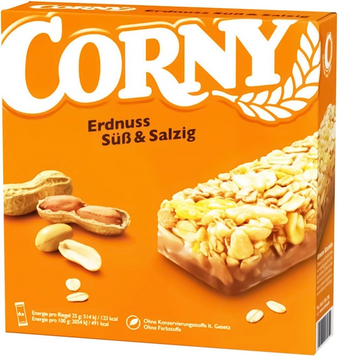 Упаковка злакових батончиків Corny з арахісом солодко-солоні 6х25 г (4011800571719) 1299192 фото