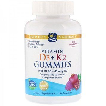 Nordic Naturals Vitamin D3 1000 IU + K2 45 mcg Gummies Pomegranate Витамин D3 и Витамин К2 со вкусом граната 60 жевательных конфет 775383 фото
