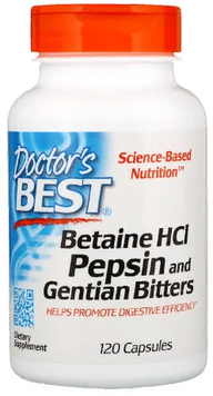 Doctor's Best Betaine HCL Pepsin And Gentian Bitters Бетаин гідрохлорид і пепсин 120 капсул 827371 фото