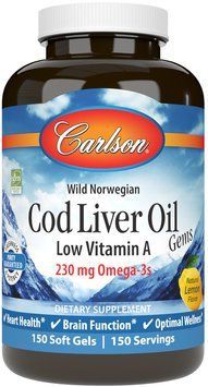Carlson Labs Cod Liver Oil Gems Low Vitamin A 1000 mg 150 Soft Gels Lemon Flavor Рыбий жир из печени трески с витамином А 532772 фото