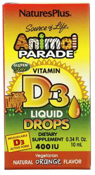 Natures Plus Animal Parade Vitamin D3 Liquid Drops Витамин D3 400 МЕ для детей 10 мл капли вкус апельсина 1191312 фото