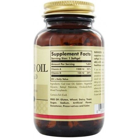 Solgar Cod Liver Oil Vitamin A & D 250 Softgels Вітаміни А і D3 з печінки тріски 496811 фото