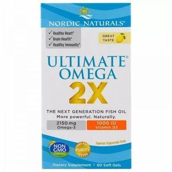Nordic Naturals Ultimate Omega 2X 2150 mg Риб'ячий жир з вітаміном D зі смаком лимона 60 гелевих капсул 779647 фото