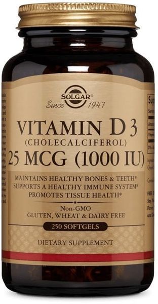 Solgar Natural Vitamin D3 (Cholecalciferol), 25 mcg 1000 IU, 250 Softgels Натуральний вітамін D3 (холекальциферол) 463619 фото