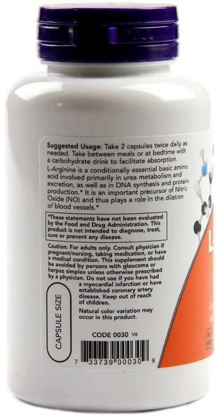 NOW Foods L-Arginine 500 mg Capsules 100 caps 416633 фото