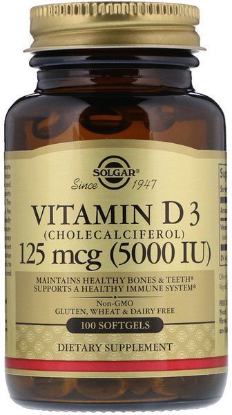 Solgar Vitamin D3, Cholecalciferol, 5000 IU, 100 Softgels 463623 фото