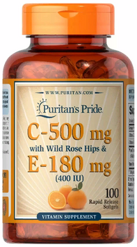 Puritan's Pride Vitamin C 500 mg with Rose Hips And Vitamin E 400 IU Вітамін С і Е з шипшиною 100 гелевих капсул 776632 фото