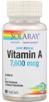 Solaray, Dry Form Vitamin A, 25,000 IU, 60 VegCaps (SOR-04130) 607561 фото