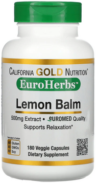 California Gold Nutrition Lemon Balm Extract EuroHerbs European Quality Экстракт лимонного бальзама мелисса 500 мг 180 вегетарианских капсул 1043998 фото