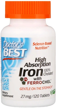 Doctor's Best, High Absorption Iron with Ferrochel, 27 mg, 120 Tablets (DRB-00459) 624069 фото