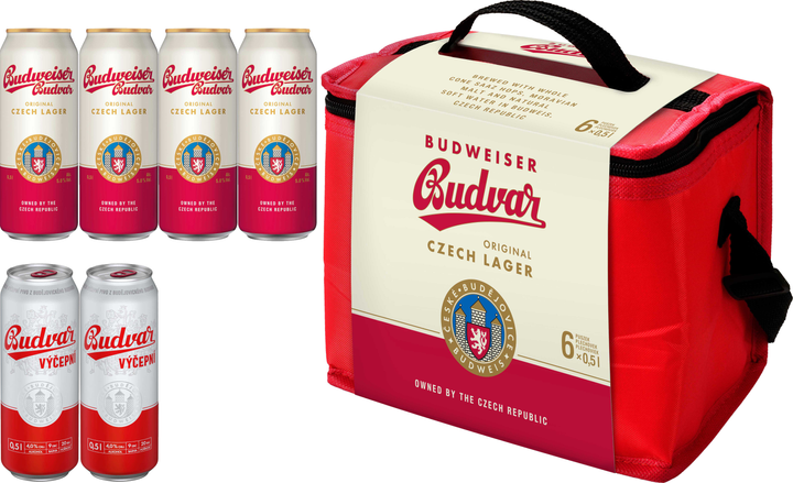 Подарунковий набір пива Budweiser світле фільтроване 5% 4х0.5 л + Budweiser бочкове світле фільтроване 4% 2х0.5 л + термосумка (8594403700336) 1315256 фото