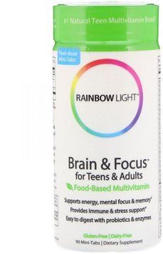 Rainbow Light Brain & Focus for Teens & Adults Food-Based Multivitamin 90 Mini-Tabs Витамины для мозга подростков и взрослых 535480 фото