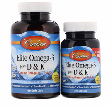Carlson Labs Elite Omega-3 Plus D & K, Natural Lemon Flavor, 60 + 30 Free Soft Gels (CAR-17540) 659860 фото