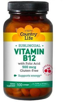 Country Life Vitamin B12 Sublingual 500 mcg 100 Lozenges Cherry Flavor Вітамін В-12 і фолієва кислота, зі смаком вишні 533276 фото