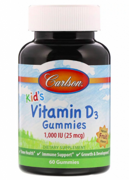 Carlson Labs Kid's Vitamin D3 Gummies 1,000 IU 60 Gummies Natural Fruit Flavors 552390 фото