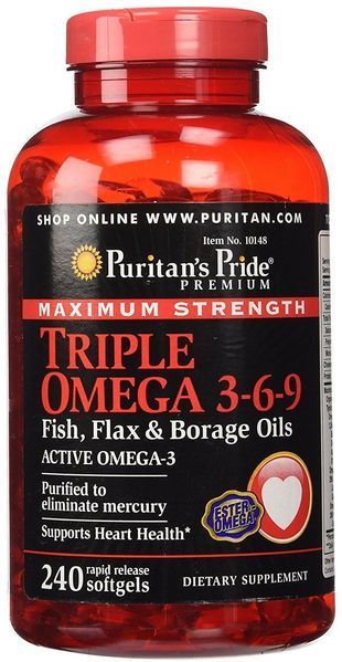 Puritan's Pride Maximum Strength Triple Omega 3-6-9 Fish, Flax & Borage Oils 240 caps 384192 фото