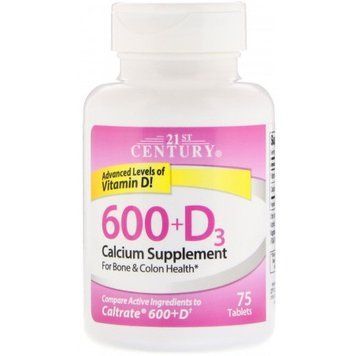 21st Century 600+D3, Calcium Supplement, 75 Caplets 477712 фото