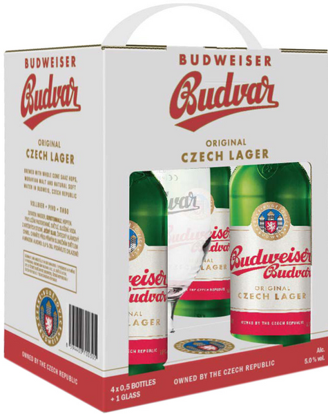 Подарунковий набір пива Budweiser Budvar Original світле фільтроване 5% 4х0.5 л + келих 0.33 л (8594403700305) 1315312 фото